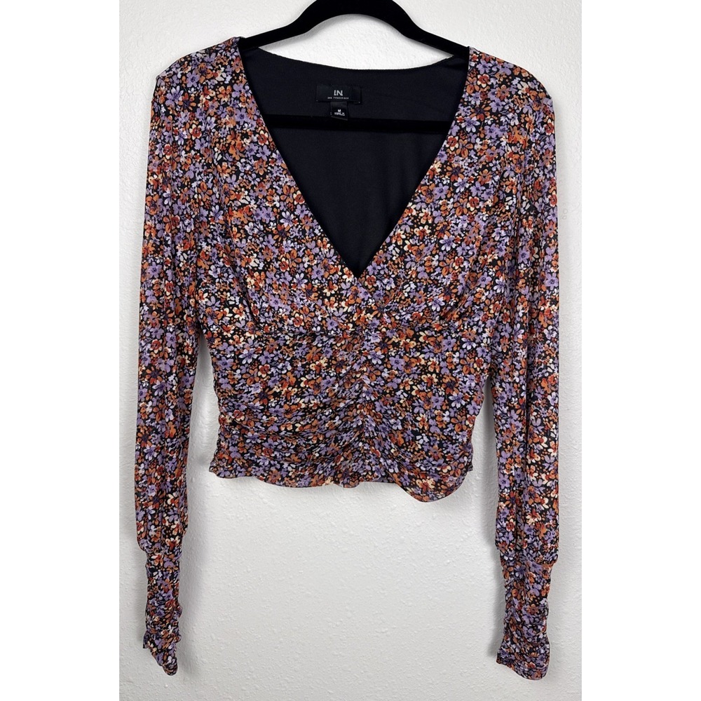 IN San Francisco Women's M Floral Mesh Ruched Sheer Sleeve Romantic Y2K Boho Top